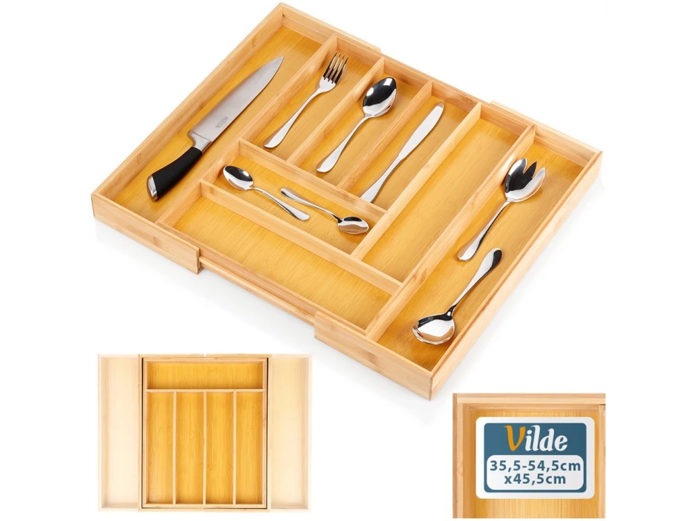 Vilde Premium Drawer Organizer, Expandable Cutlery Tray (6-8 Compartments) Made of Bamboo, 35-55 x 45 x 5cm
