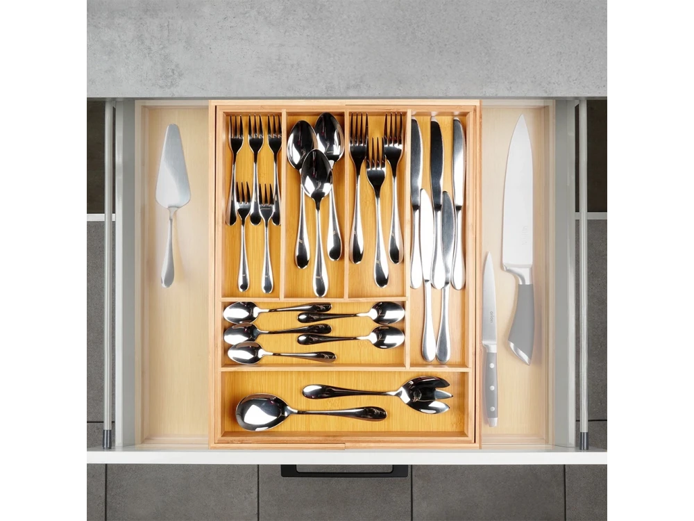 Vilde Premium Drawer Organizer, Expandable Cutlery Tray (6-8 Compartments) Made of Bamboo, 35-55 x 45 x 5cm