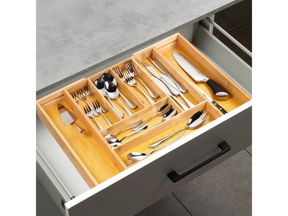 Vilde Premium Drawer Organizer, Expandable Cutlery Tray (6-8 Compartments) Made of Bamboo, 35-55 x 45 x 5cm