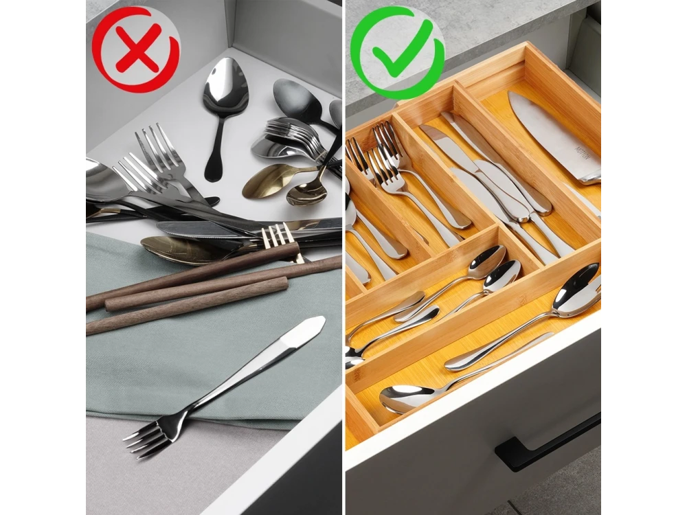 Vilde Premium Drawer Organizer, Expandable Cutlery Tray (6-8 Compartments) Made of Bamboo, 35-55 x 45 x 5cm
