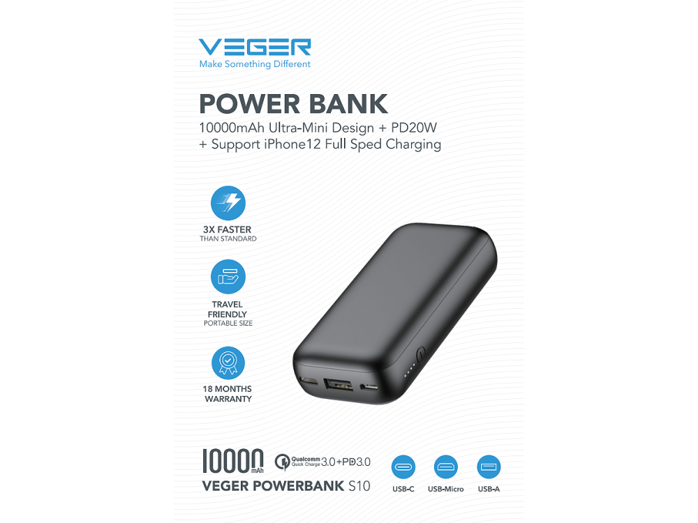 Veger VP1135 10000 PD 20W USB-C Mini Power Bank 10.000mAh Power Delivery & QC3.0, Black