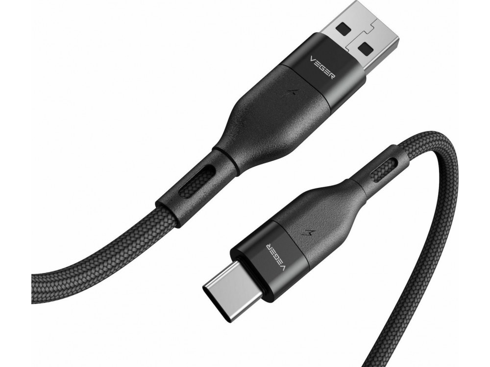 Veger AC02 USB-C Cable 1,2m with Nylon Weave and Aluminium Contacts, Support QC3.0 & 3A, Black
