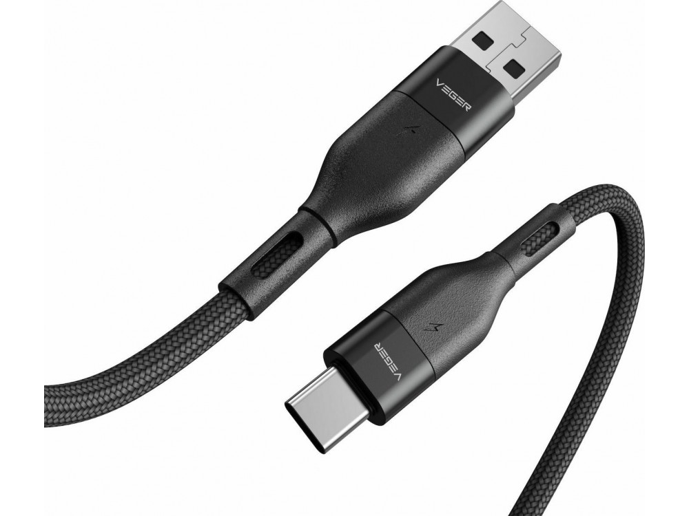 Veger AC02 USB-C Καλώδιο 1,2μ. με Νάυλον ύφανση και Επαφές Αλουμινίου, Υποστήριξη QC3.0 & 3A, Μαύρο