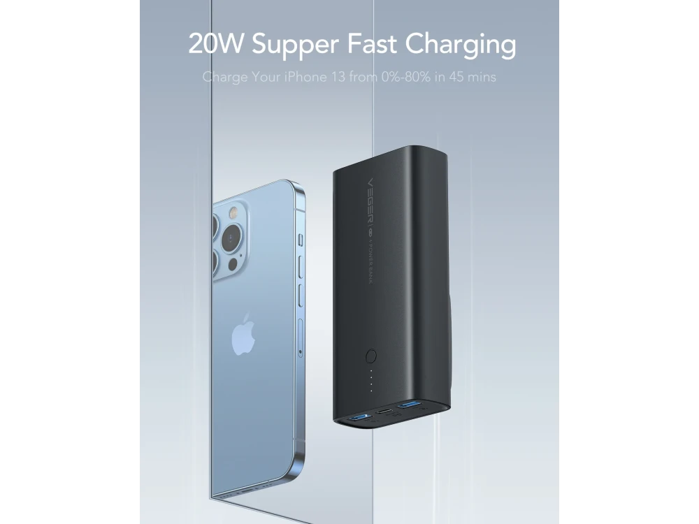 Veger ACE100 10000 PD 20W USB-C Power Bank 10.000mAh with Built-in Plug, Power Delivery & QC3.0, Black