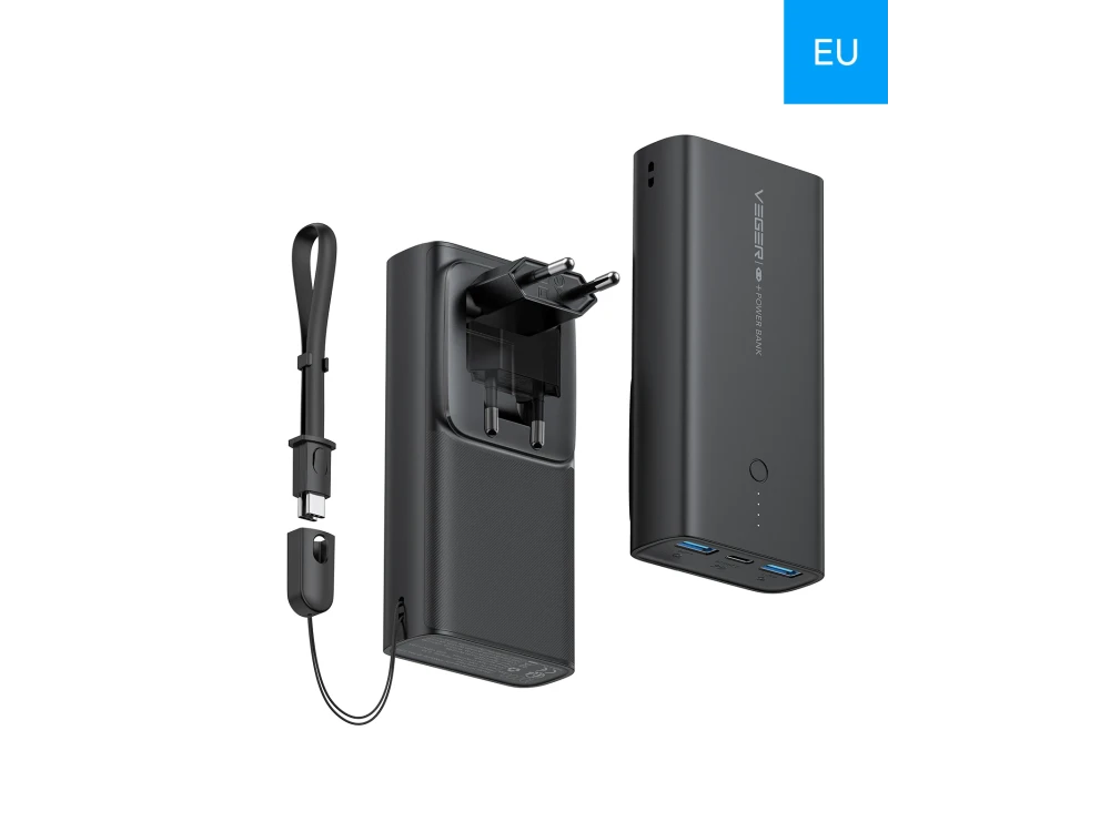 Veger ACE100 10000 PD 20W USB-C Power Bank 10.000mAh with Built-in Plug, Power Delivery & QC3.0, Black