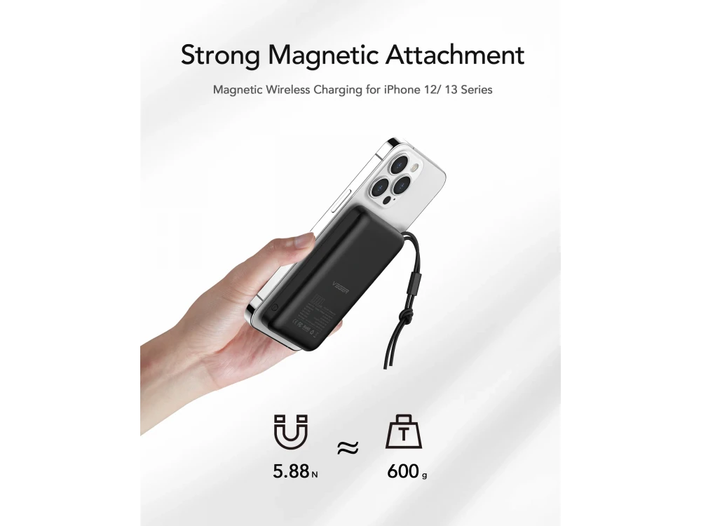 Veger MagOn 10K, Magnetic Power Bank 10,000mAh Wireless Charging 15W for iPhone, Black