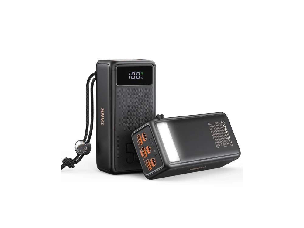 Veger Tank Boost 56000 100W PD USB-C Power Bank 56.000mAh Power Delivery & QC3.0, with Light and Compass, Black