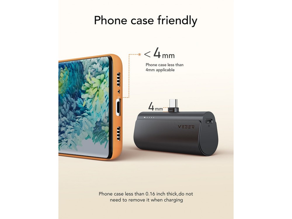Veger V0556 5000 PD 22.5W USB-C Mini Power Bank 5.000mAh Power Delivery & QC3.0, Μαύρο