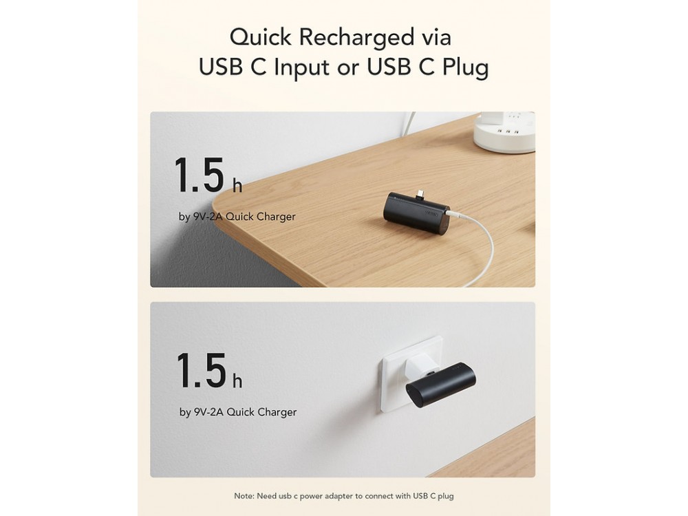 Veger V0556 5000 PD 22.5W USB-C Mini Power Bank 5.000mAh Power Delivery & QC3.0, Μαύρο