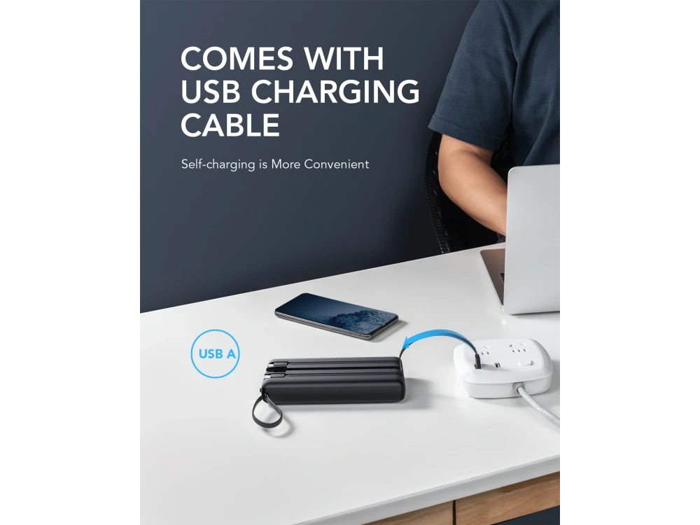 Veger VP2047 20000 USB-C Power Bank 20.000mAh with 4 Built-in Cables (Micro USB / Type-C / USB-A / Lightning), Black