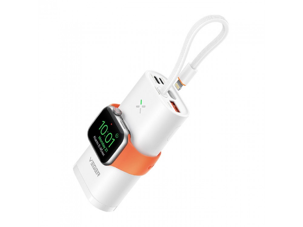 Veger W1162S Mini Fast 10k Power Bank with Built-in USB-C & Lightning Cable & iWatch Charger, White