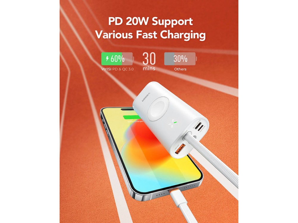 Veger W1162S Mini Fast 10k Power Bank με Ενσωματωμένο Καλώδιο USB-C & Lightning & Φορτιστή iWatch, White