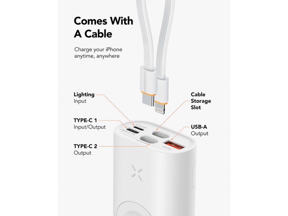 Veger W1162S Mini Fast 10k Power Bank with Built-in USB-C & Lightning Cable & iWatch Charger, White