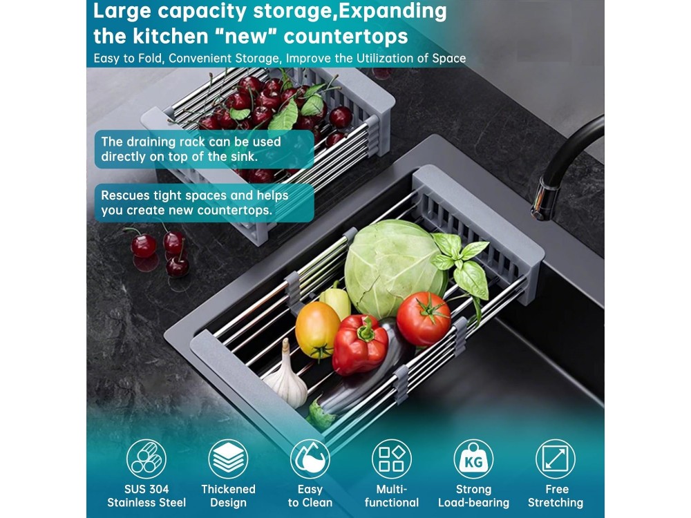 AJ Extendable Sink Dish Drying Rack, Extendable Sink Dryer 28-45 x 22 x 11cm, Light Gray