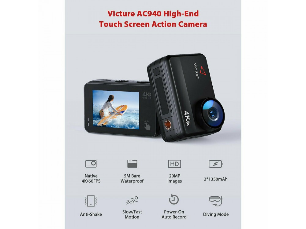 Victure AC940 Native 4K/60FPS Action Camera with Touch Screen, 20MP, WiFi, Waterproof 40M, 2" IPS LCD - OPEN PACKAGE