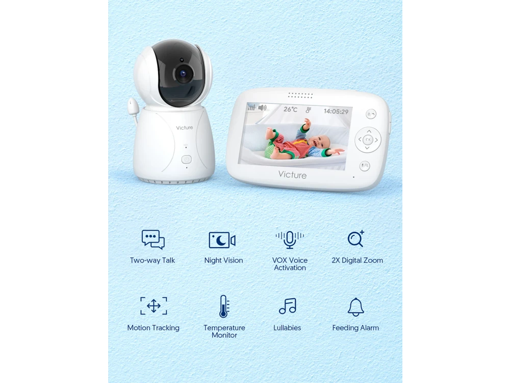 Victure BM45 Baby Monitor, 4.3" LCD, Two-Way Audio, 2X Zoom, Temperarure Monitor, Night Vision, with Batteries