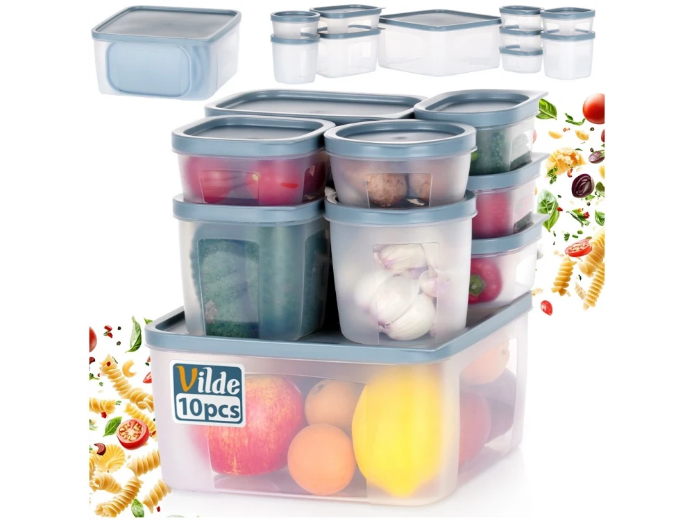 Vilde 10 Food Containers with Lids & Airtight Closure BPA-Free, Various Sizes from 175ml to 3500ml Set of 10, Transparent