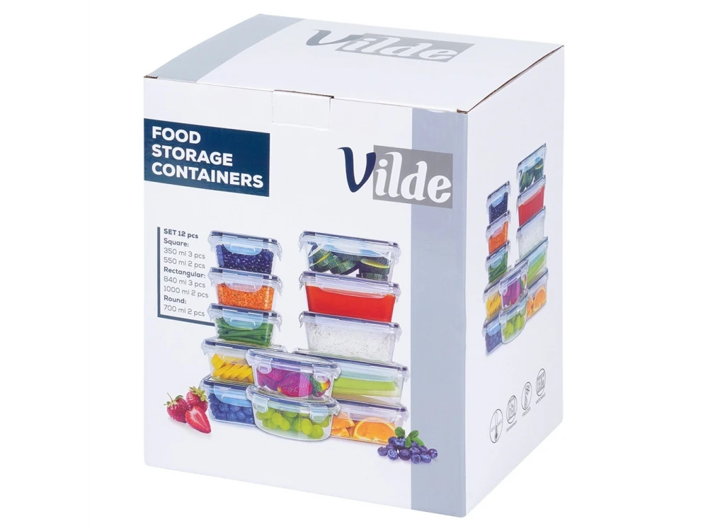 Vilde 12 Food Containers with Lids & Airtight Closure BPA-Free, Various Sizes, Set of 12, Transparent