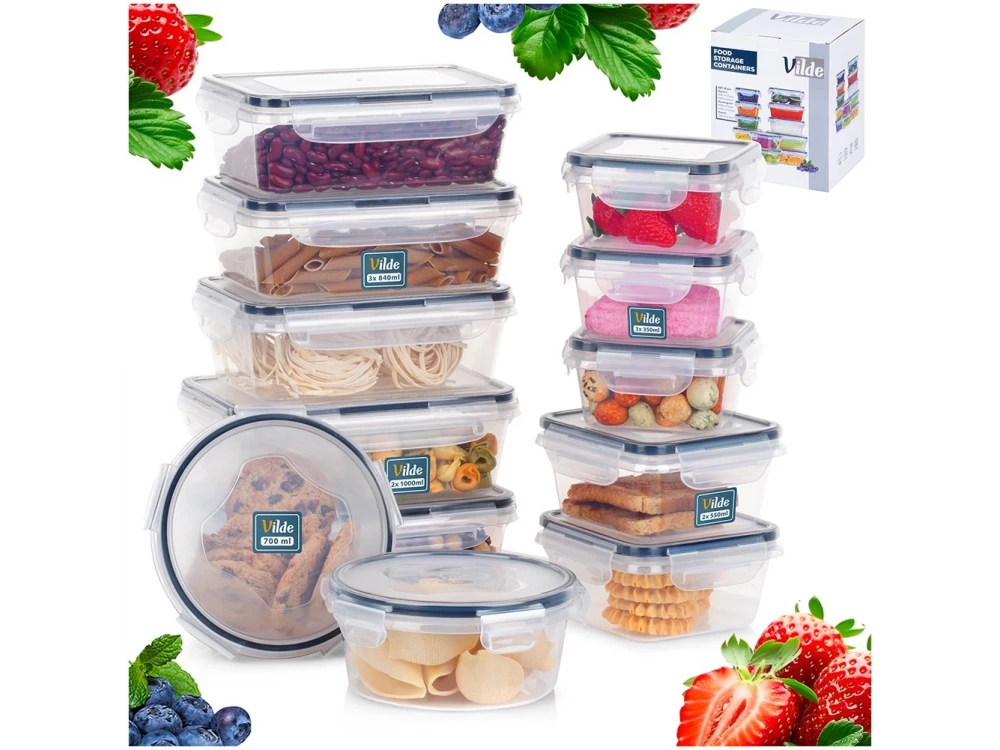 Vilde 12 Food Containers with Lids & Airtight Closure BPA-Free, Various Sizes, Set of 12, Transparent
