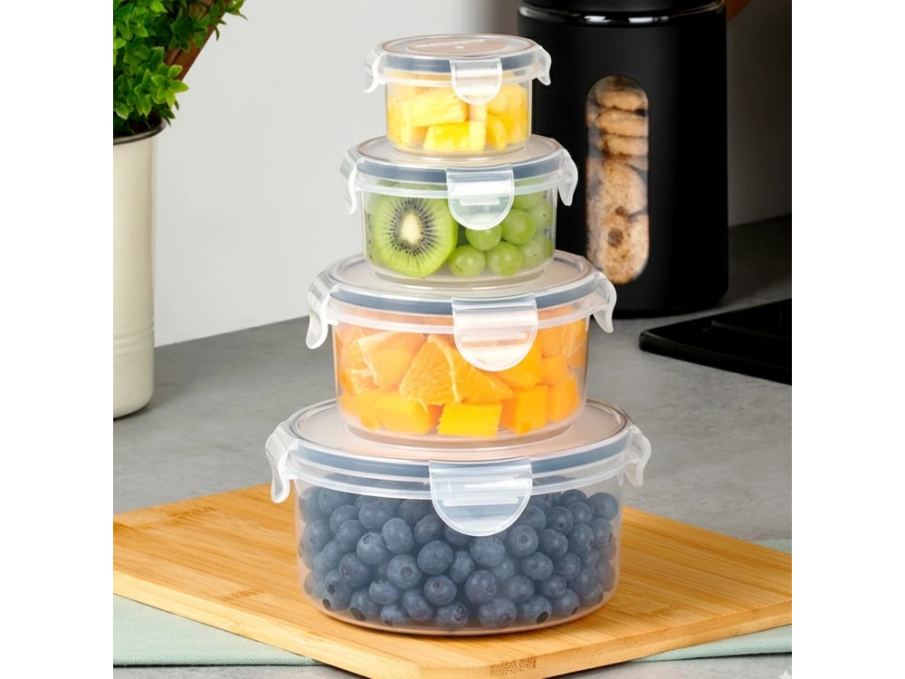 Vilde 4 Round Food Containers with Lids & Airtight Closure BPA-Free, Various Sizes from 80ml to 800ml, Set of 4, Transparent