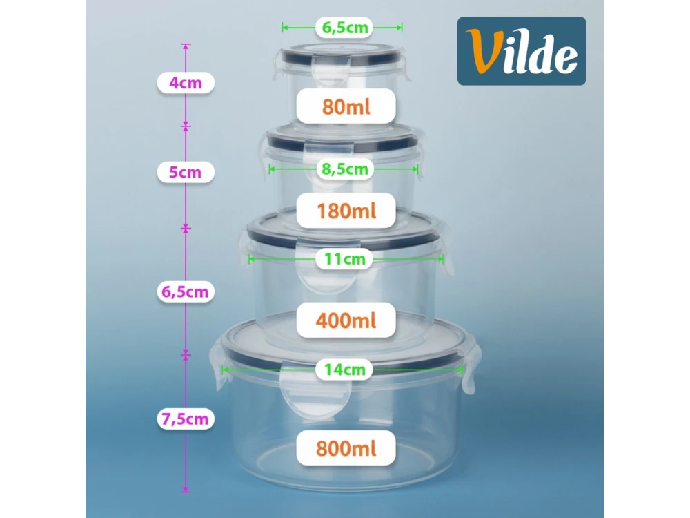 Vilde 4 Round Food Containers with Lids & Airtight Closure BPA-Free, Various Sizes from 80ml to 800ml, Set of 4, Transparent