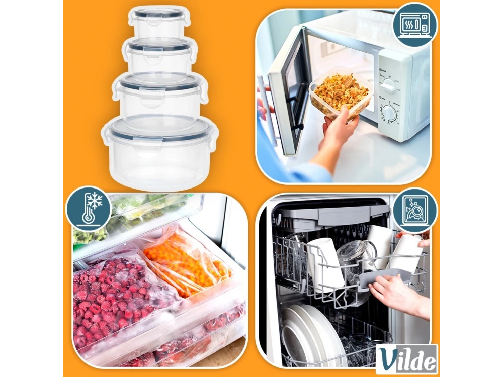 Vilde 4 Round Food Containers with Lids & Airtight Closure BPA-Free, Various Sizes from 80ml to 800ml, Set of 4, Transparent