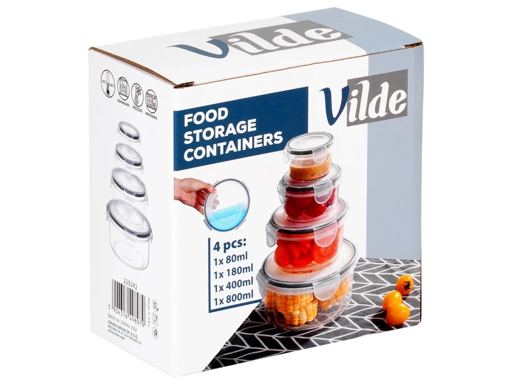 Vilde 4 Round Food Containers with Lids & Airtight Closure BPA-Free, Various Sizes from 80ml to 800ml, Set of 4, Transparent