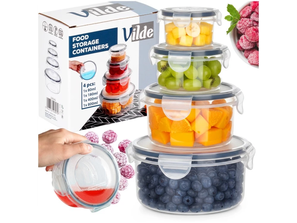 Vilde 4 Round Food Containers with Lids & Airtight Closure BPA-Free, Various Sizes from 80ml to 800ml, Set of 4, Transparent