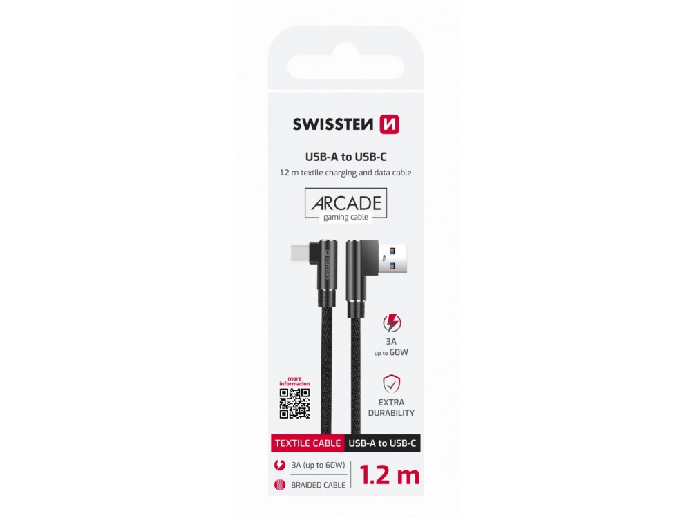 Swissten Arcade Angled 90° USB-C Cable 1.2m. With Nylon Weave, Black