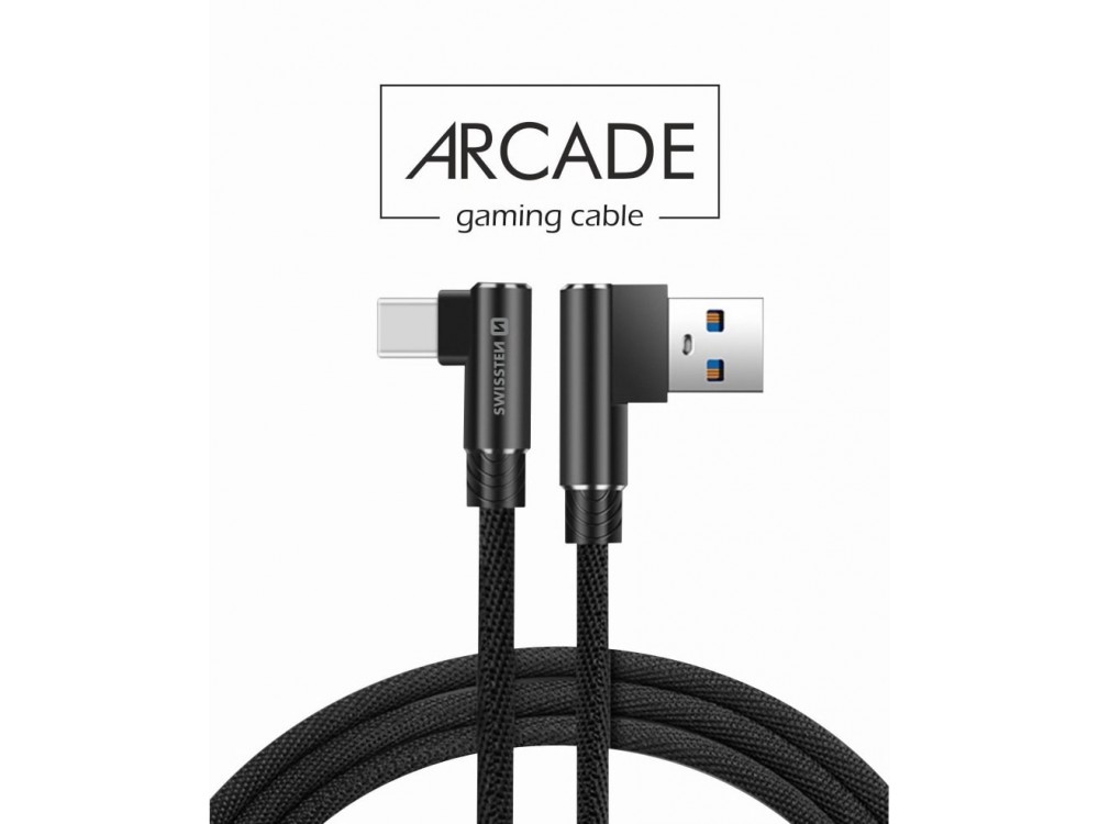 Swissten Arcade Angled 90° USB-C Cable 1.2m. With Nylon Weave, Black