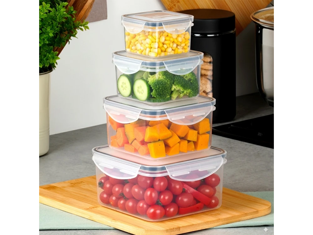 Vilde 4 Square Food Containers with Lids & Airtight Closure BPA-Free, Various Sizes from 170ml to 1200ml Set of 4, Transparent