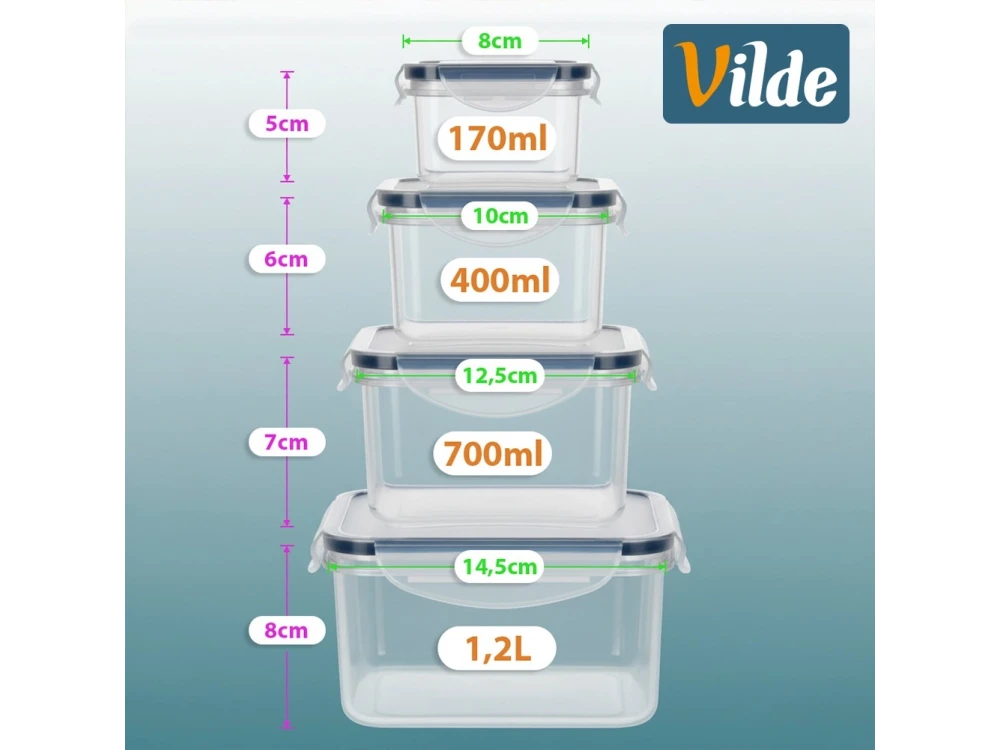 Vilde 4 Square Food Containers with Lids & Airtight Closure BPA-Free, Various Sizes from 170ml to 1200ml Set of 4, Transparent