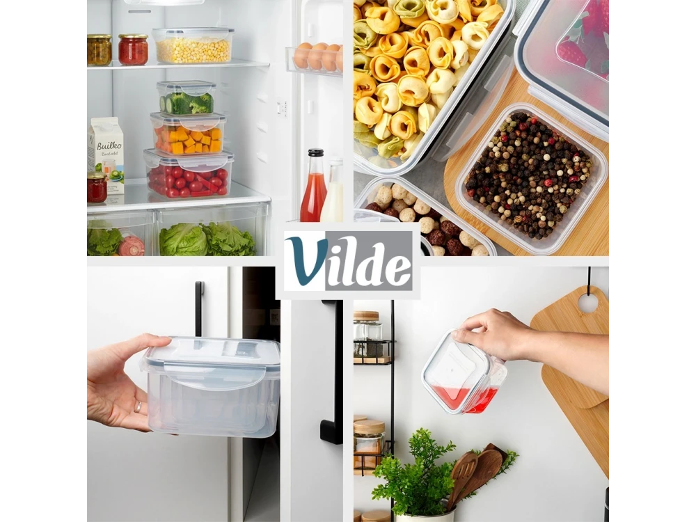Vilde 4 Square Food Containers with Lids & Airtight Closure BPA-Free, Various Sizes from 170ml to 1200ml Set of 4, Transparent