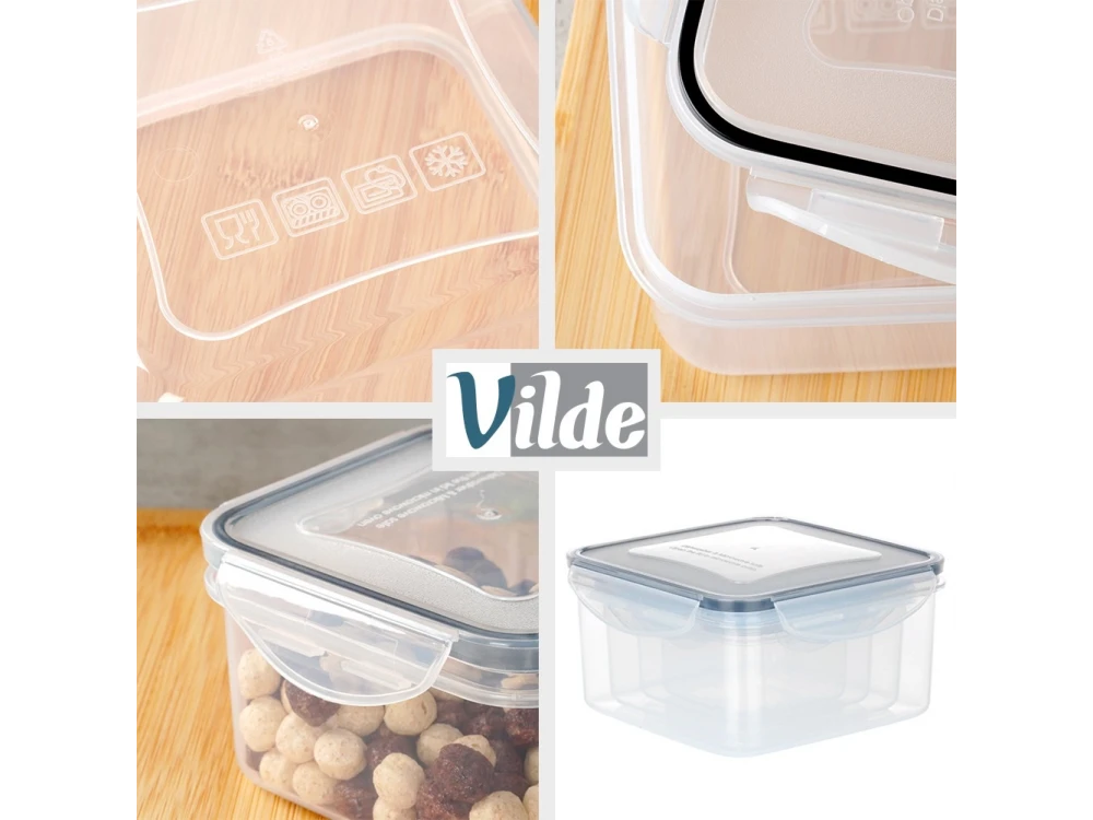 Vilde 4 Square Food Containers with Lids & Airtight Closure BPA-Free, Various Sizes from 170ml to 1200ml Set of 4, Transparent