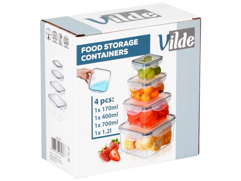 Vilde 4 Square Food Containers with Lids & Airtight Closure BPA-Free, Various Sizes from 170ml to 1200ml Set of 4, Transparent