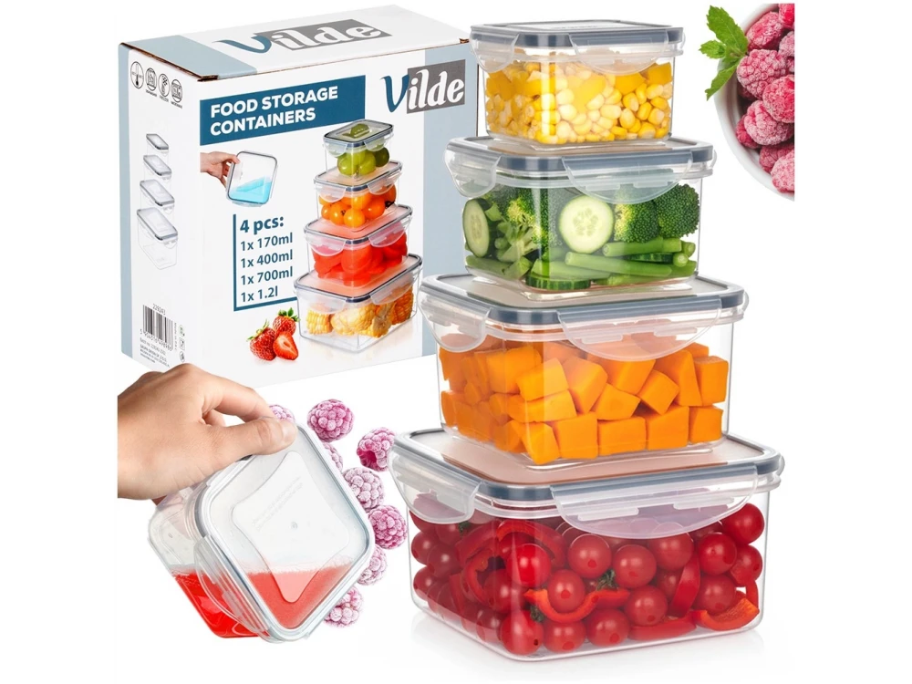 Vilde 4 Square Food Containers with Lids & Airtight Closure BPA-Free, Various Sizes from 170ml to 1200ml Set of 4, Transparent