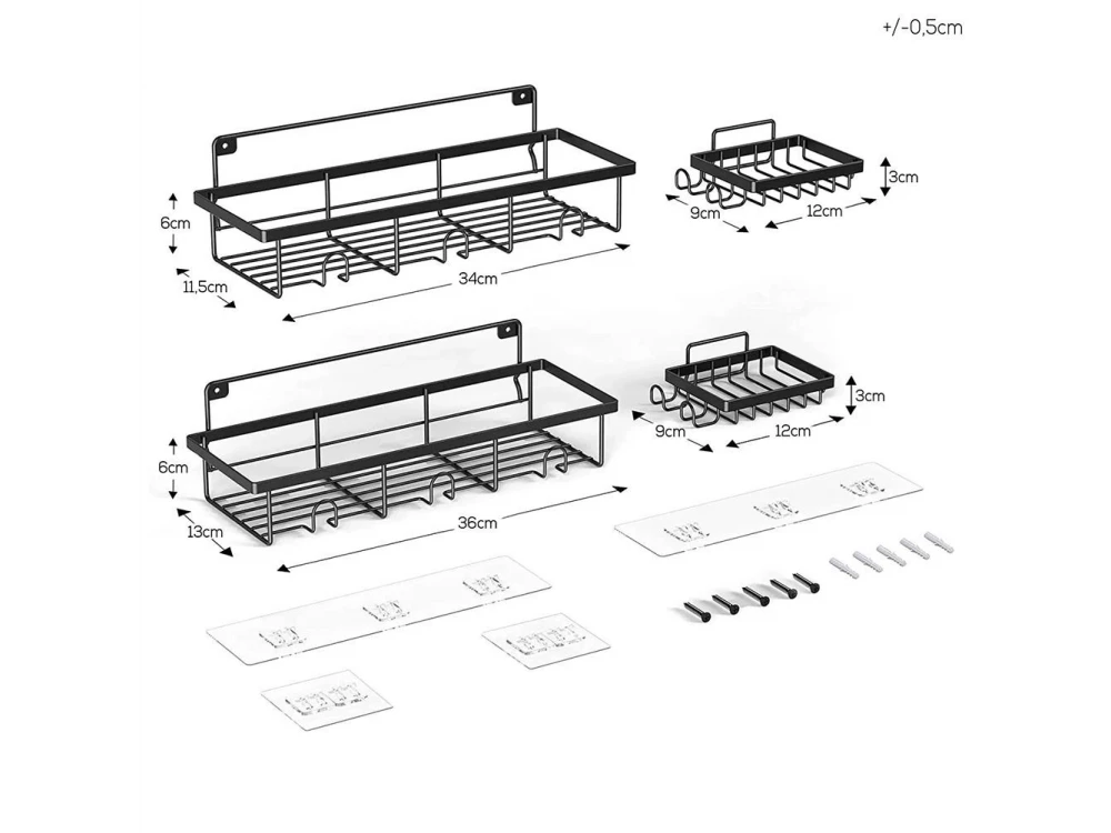 Vilde 4-Pack Shower Caddy, Wall-Mounted Bathroom Organizer, Set of 4, Black