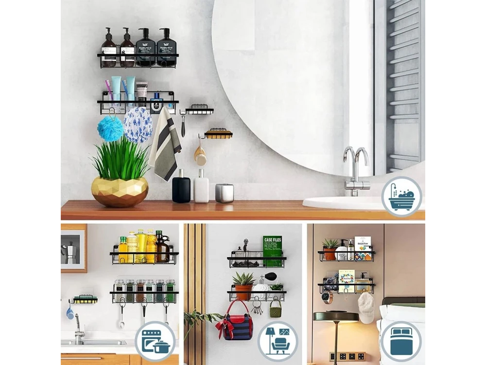 Vilde 4-Pack Shower Caddy, Wall-Mounted Bathroom Organizer, Set of 4, Black