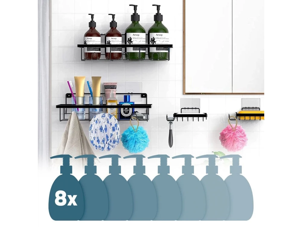 Vilde 4-Pack Shower Caddy, Wall-Mounted Bathroom Organizer, Set of 4, Black