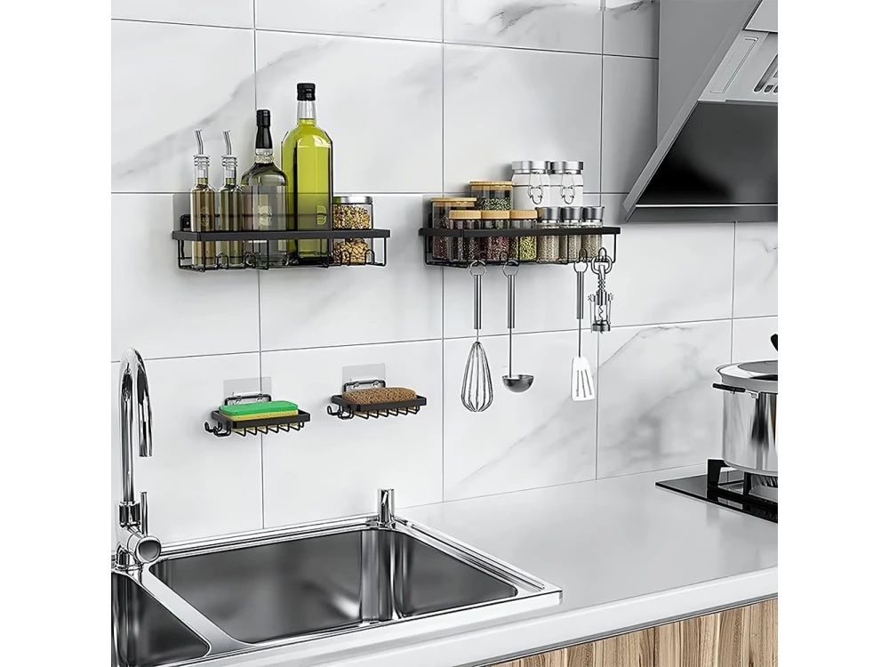Vilde 4-Pack Shower Caddy, Wall-Mounted Bathroom Organizer, Set of 4, Black