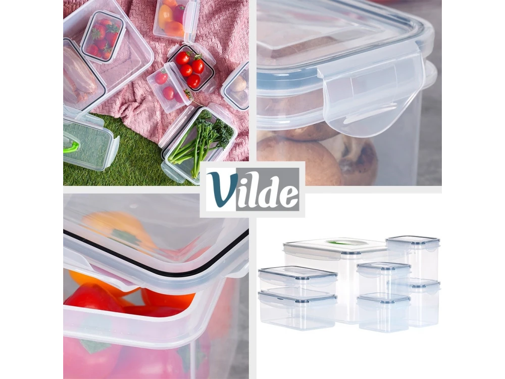 Vilde 7 Food Containers with Lids & Airtight Closure BPA-Free, Various Sizes from 670ml to 8200ml Set of 7, Transparent