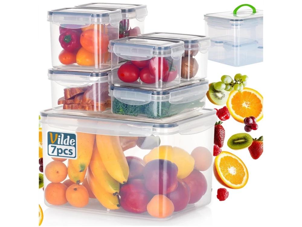 Vilde 7 Food Containers with Lids & Airtight Closure BPA-Free, Various Sizes from 670ml to 8200ml Set of 7, Transparent