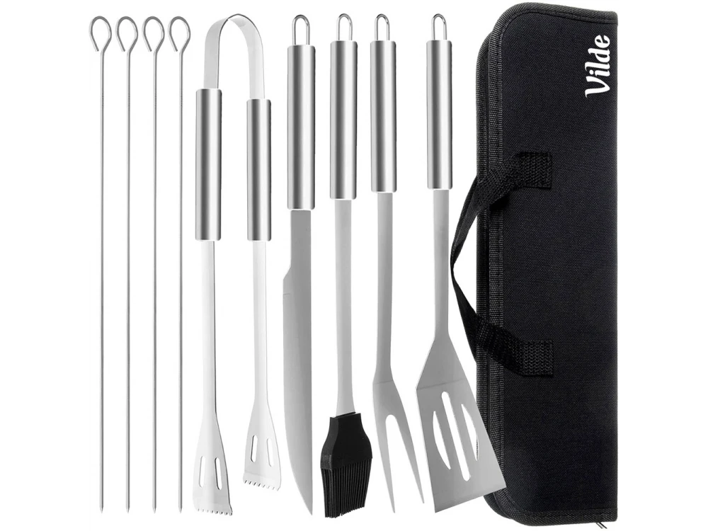 Vilde BBQ Accessories, Set of 10 Stainless Steel BBQ Tools with Case