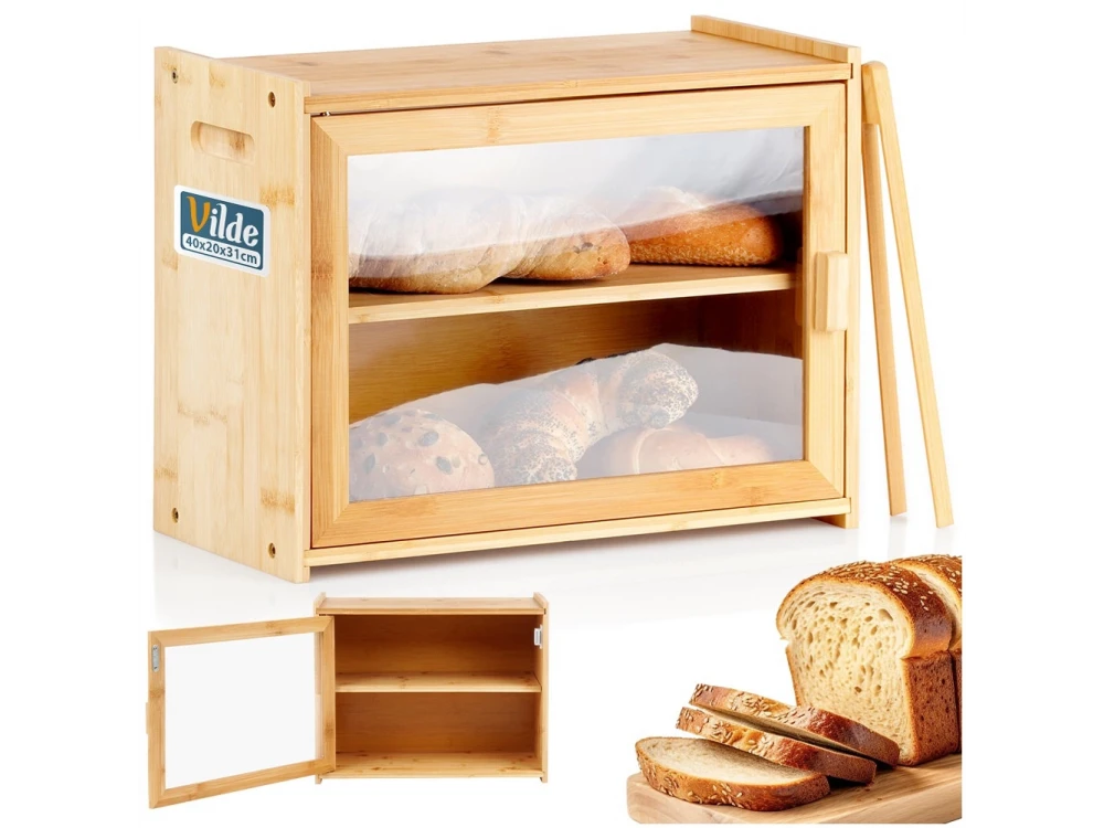 Vilde Bread Bin, 2-Tier Bamboo Bread Bin, with Transparent Lid and Tongs