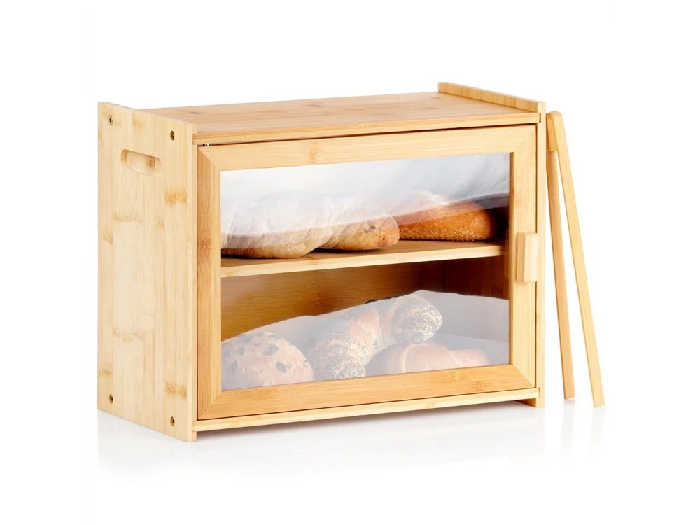 Vilde Bread Bin, 2-Tier Bamboo Bread Bin, with Transparent Lid and Tongs