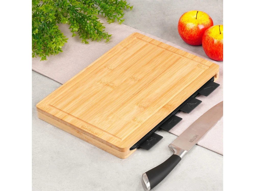 Vilde Chopping Boards with Stand, Cutting Surfaces with Bamboo Base, set of 5