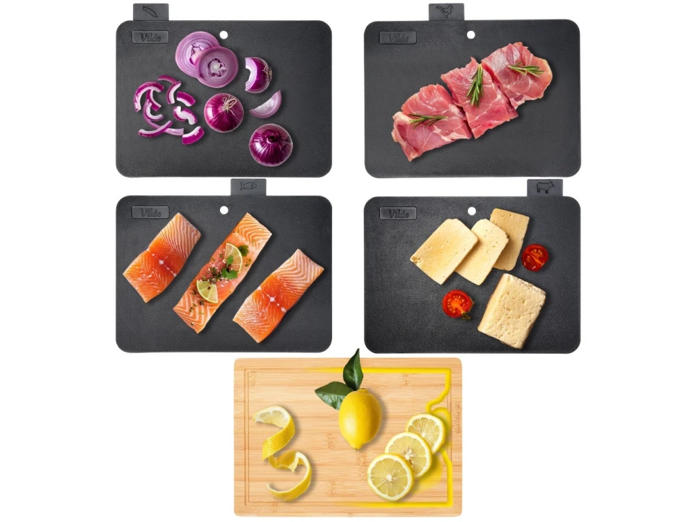 Vilde Chopping Boards with Stand, Cutting Surfaces with Bamboo Base, set of 5