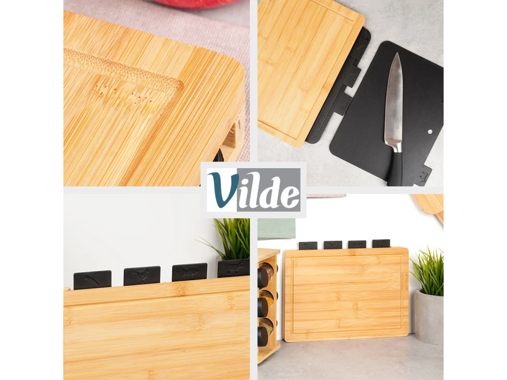 Vilde Chopping Boards with Stand, Cutting Surfaces with Bamboo Base, set of 5