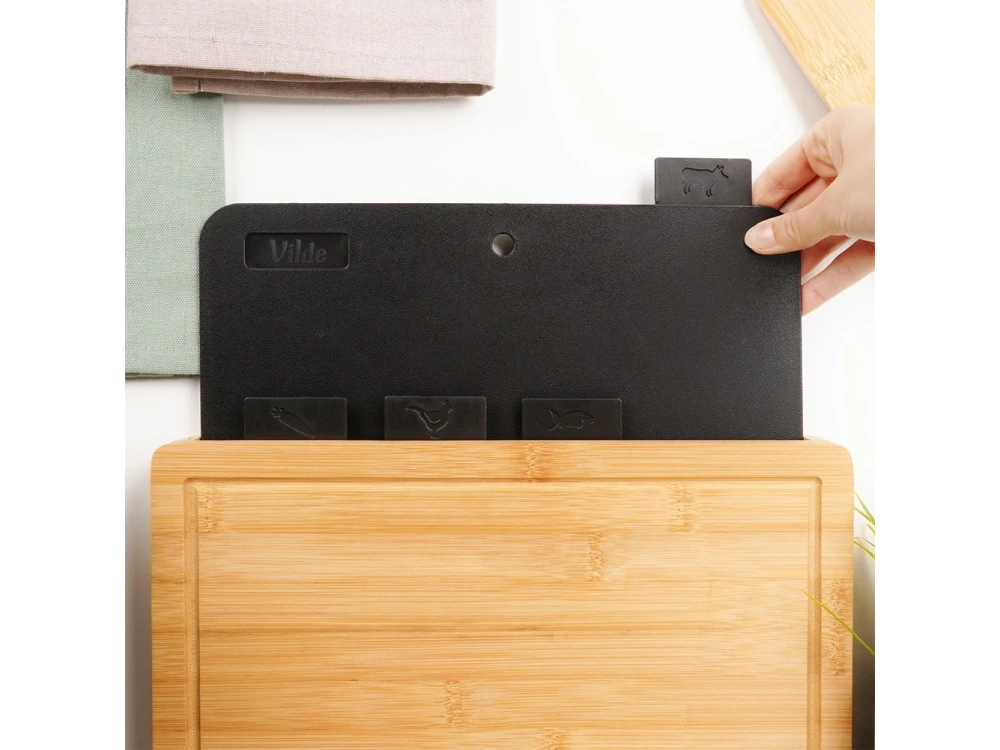 Vilde Chopping Boards with Stand, Cutting Surfaces with Bamboo Base, set of 5