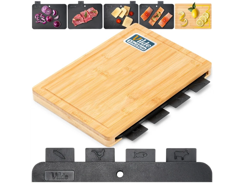 Vilde Chopping Boards with Stand, Cutting Surfaces with Bamboo Base, set of 5